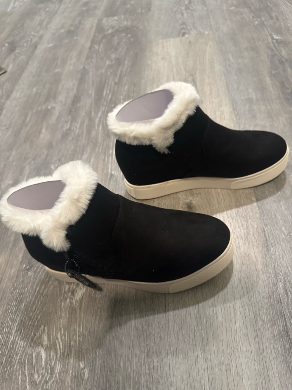 Women's Black Faux-Fur Trim Slip-On Ankle Sneakers